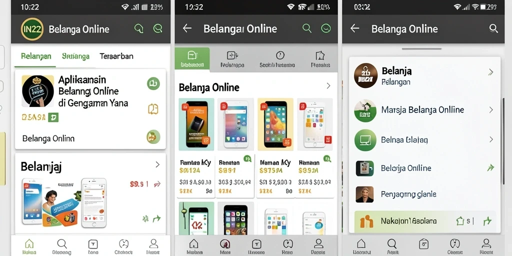 Antarmuka bersih dan menarik dari aplikasi IN22 untuk belanja online.